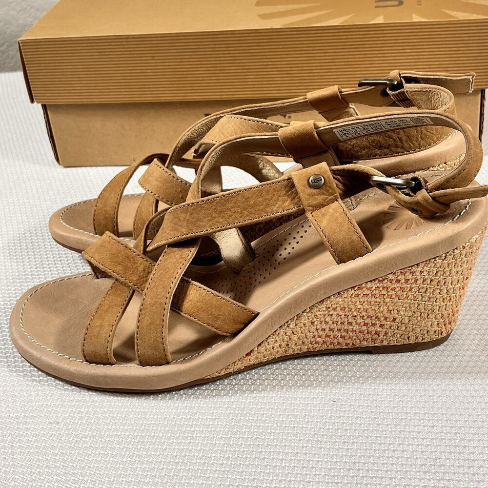NIB Ugg Wedge High Heel Strappy Sandals Size 9 Brown Leather‎ - Picture 9 of 16
